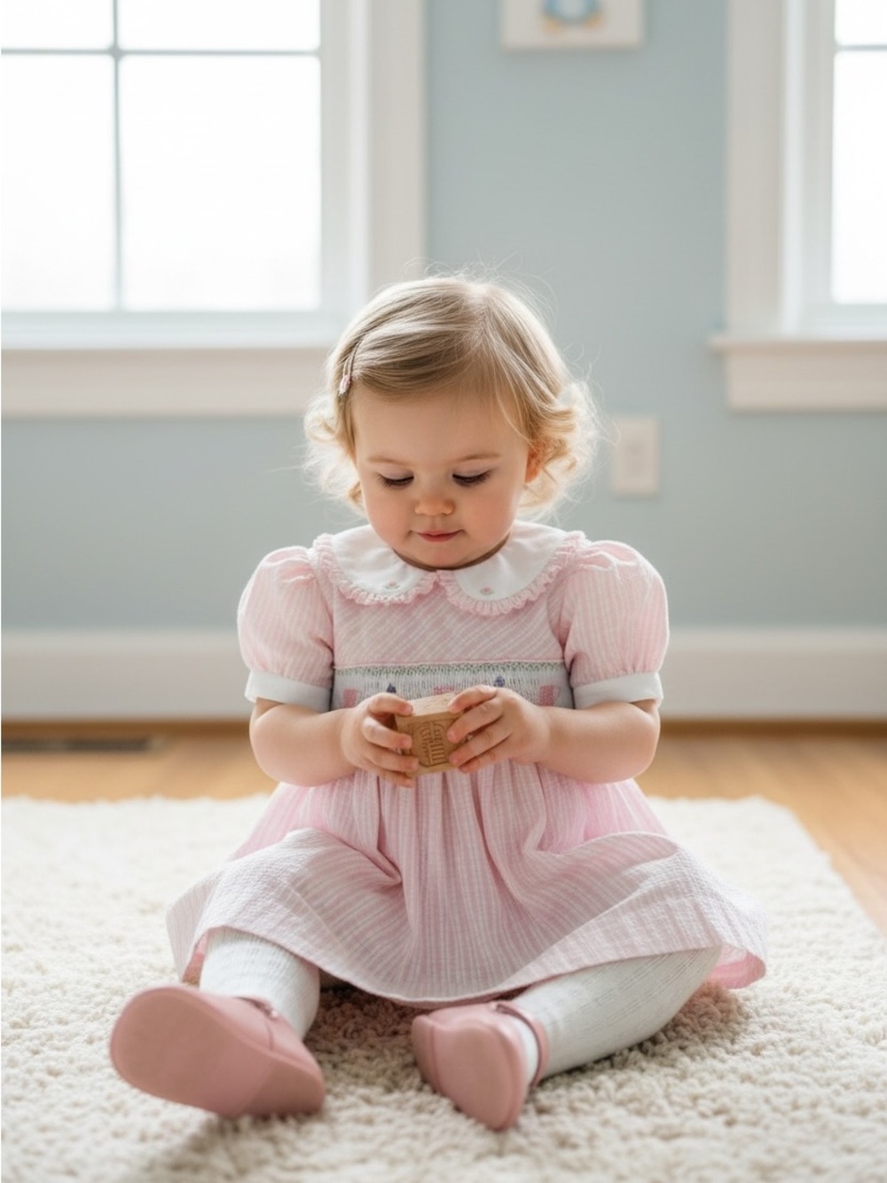 Sweet Pink Baby Vintage Smocked Dress with Peter Pan Collar 24M